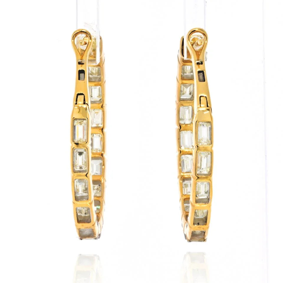 14K Yellow Gold Emerald Cut Diamond Hoop 1.1 inch Earrings - The Back Vault