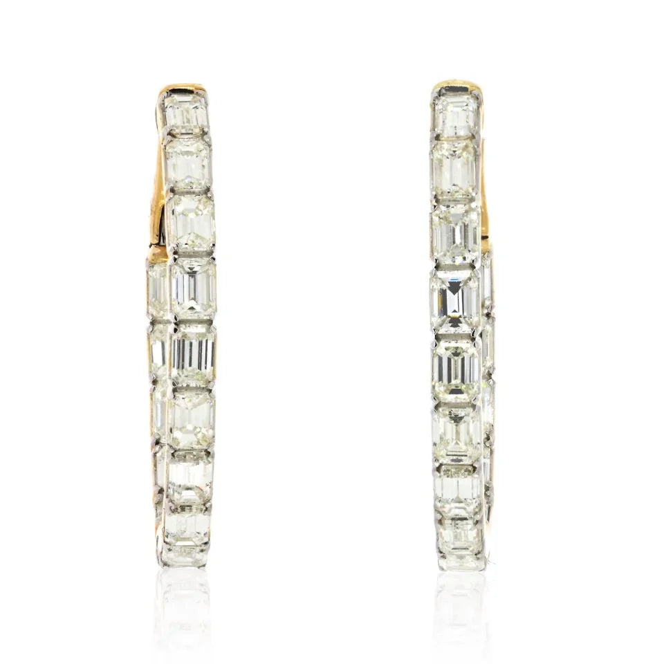 14K Yellow Gold Emerald Cut Diamond Hoop 1.1 inch Earrings - The Back Vault