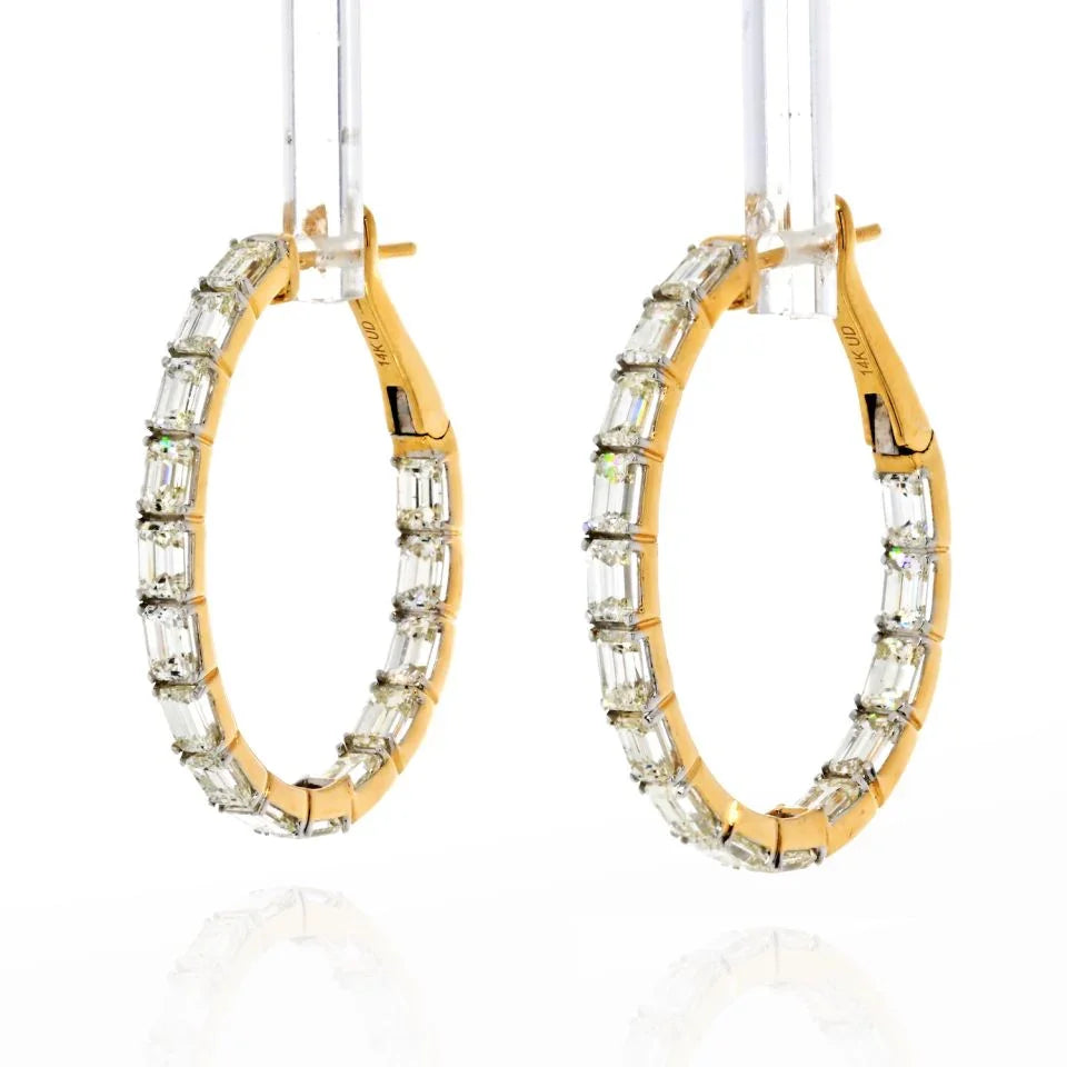 14K Yellow Gold Emerald Cut Diamond Hoop Earrings - The Back Vault