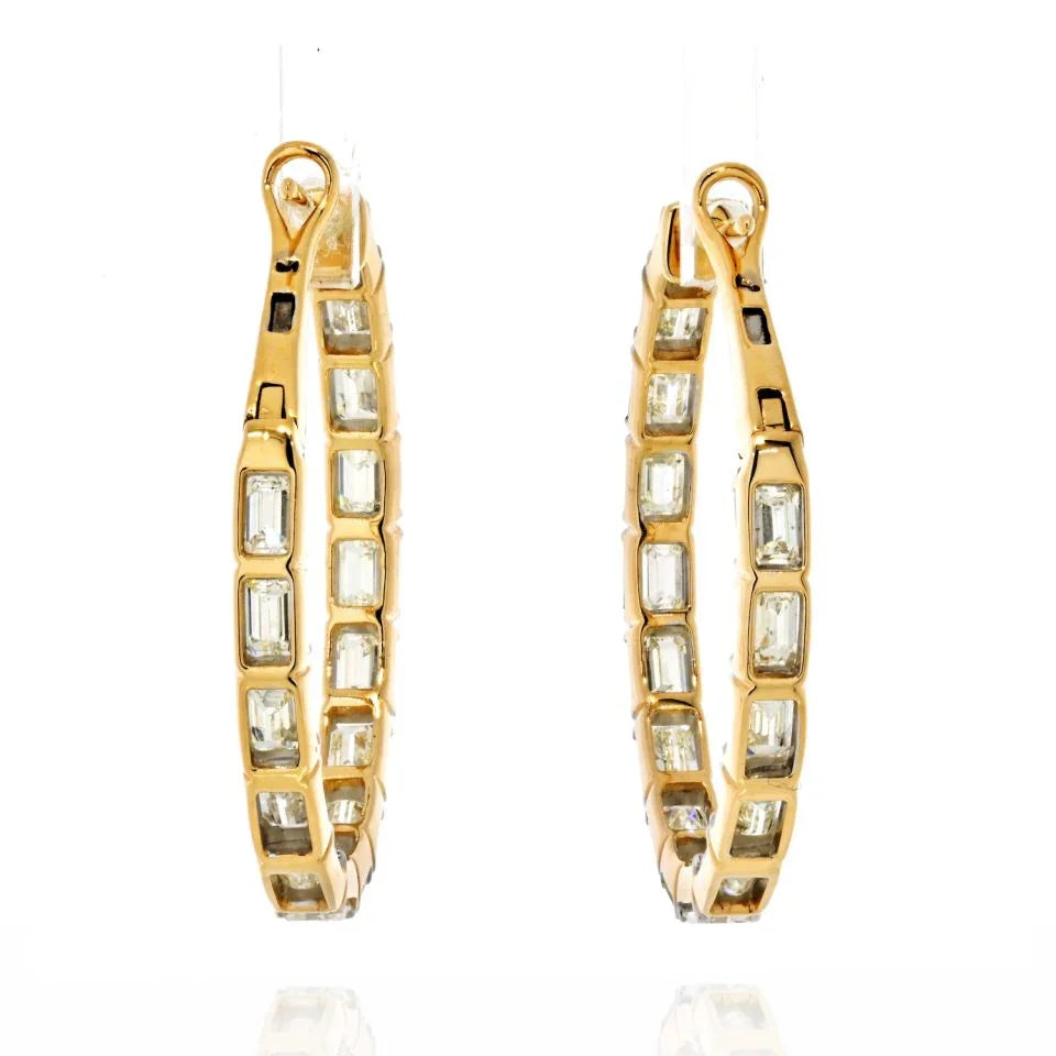 14K Yellow Gold Emerald Cut Diamond Hoop Earrings - The Back Vault