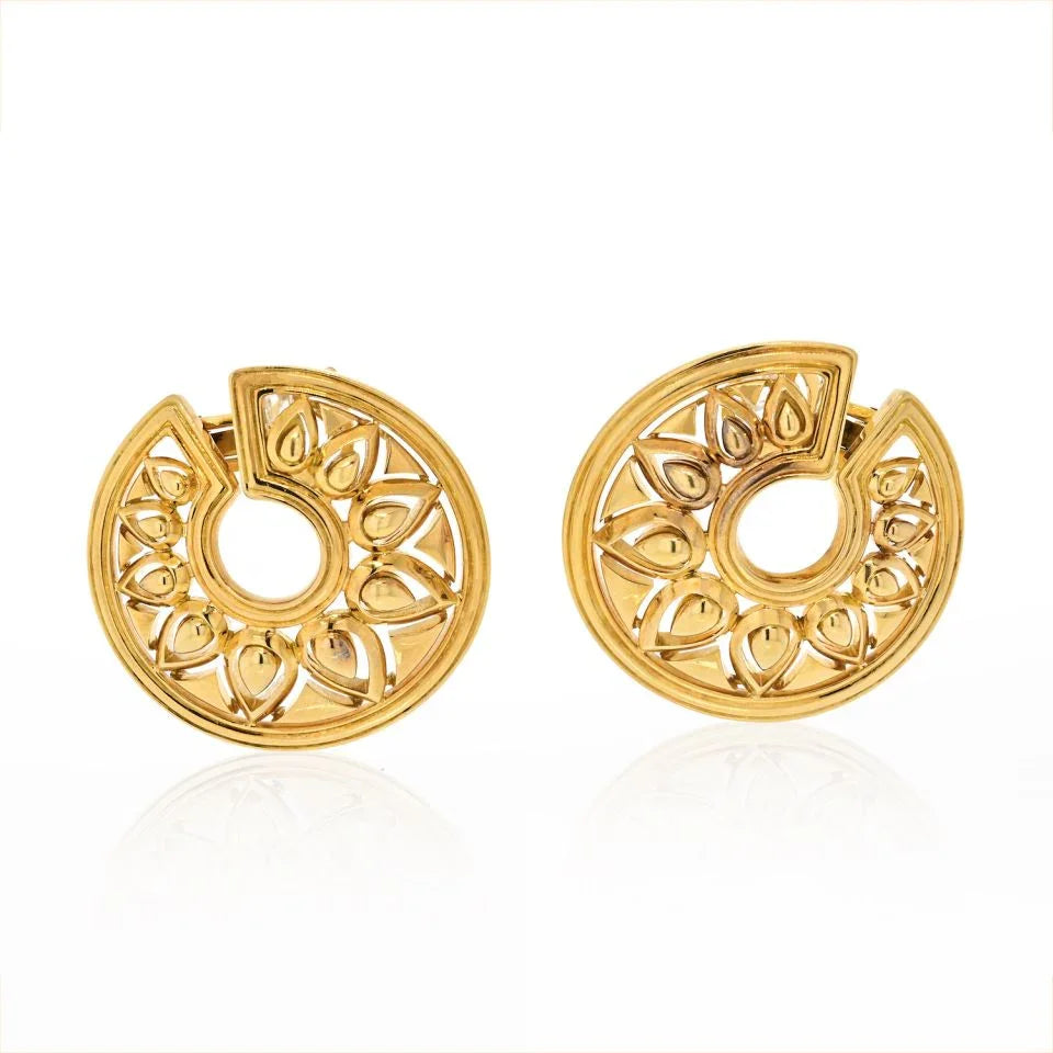 Cartier 18K Yellow Gold Large Tanjore Open Frame Disc Style Earrings - The Back Vault