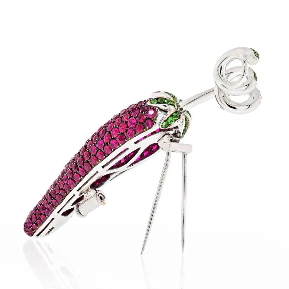 18K White Gold Red Ruby Hot Pepper Brooch - The Back Vault
