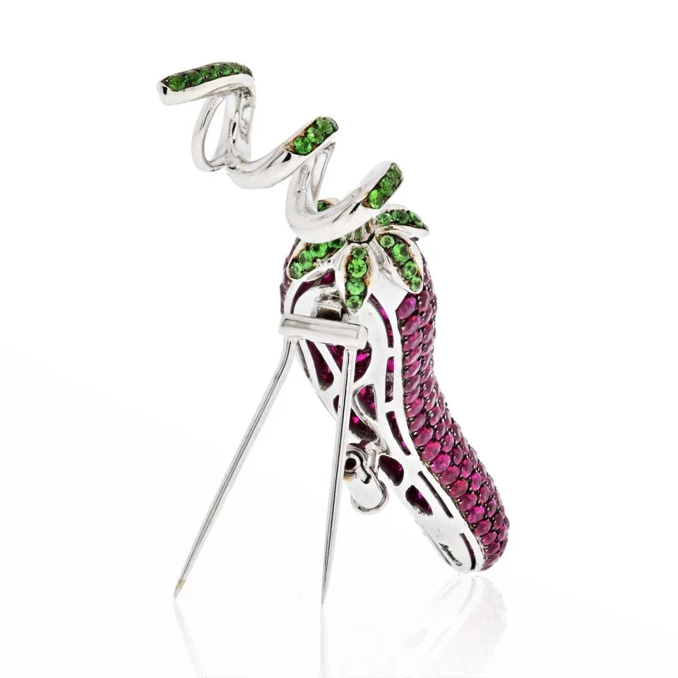 18K White Gold Red Ruby Hot Pepper Brooch - The Back Vault