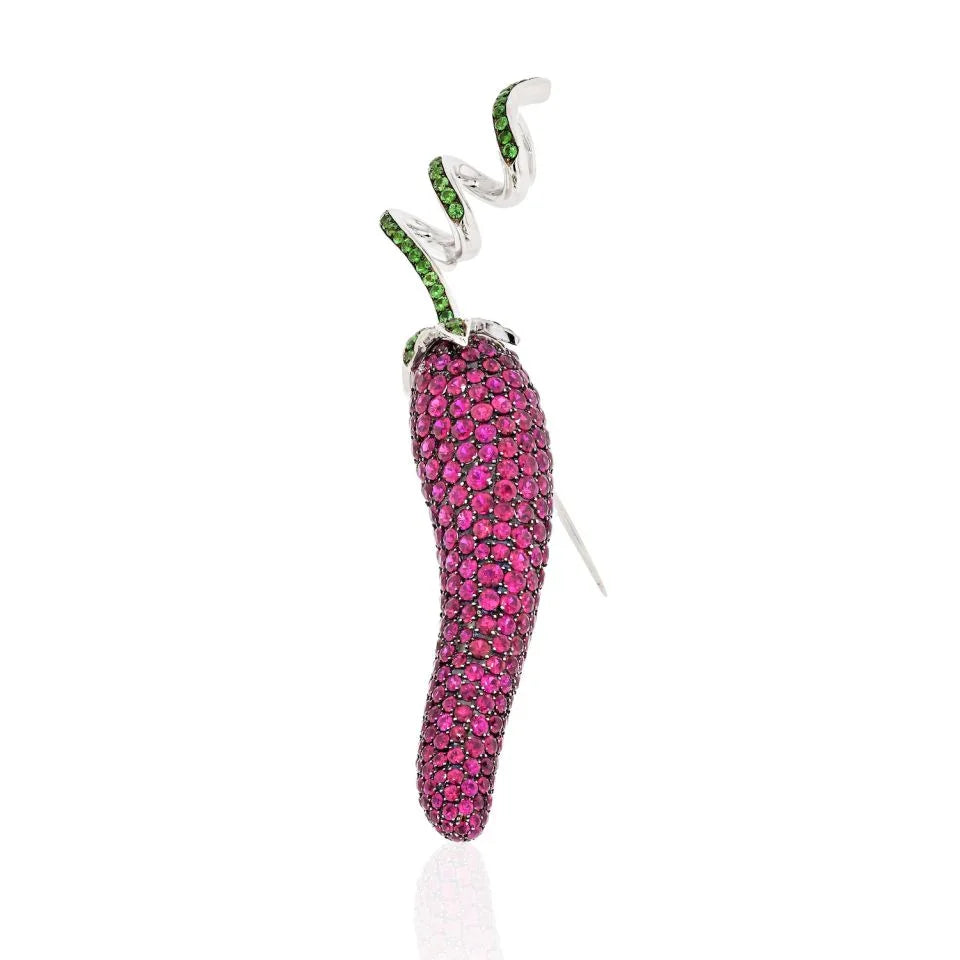 18K White Gold Red Ruby Hot Pepper Brooch - The Back Vault
