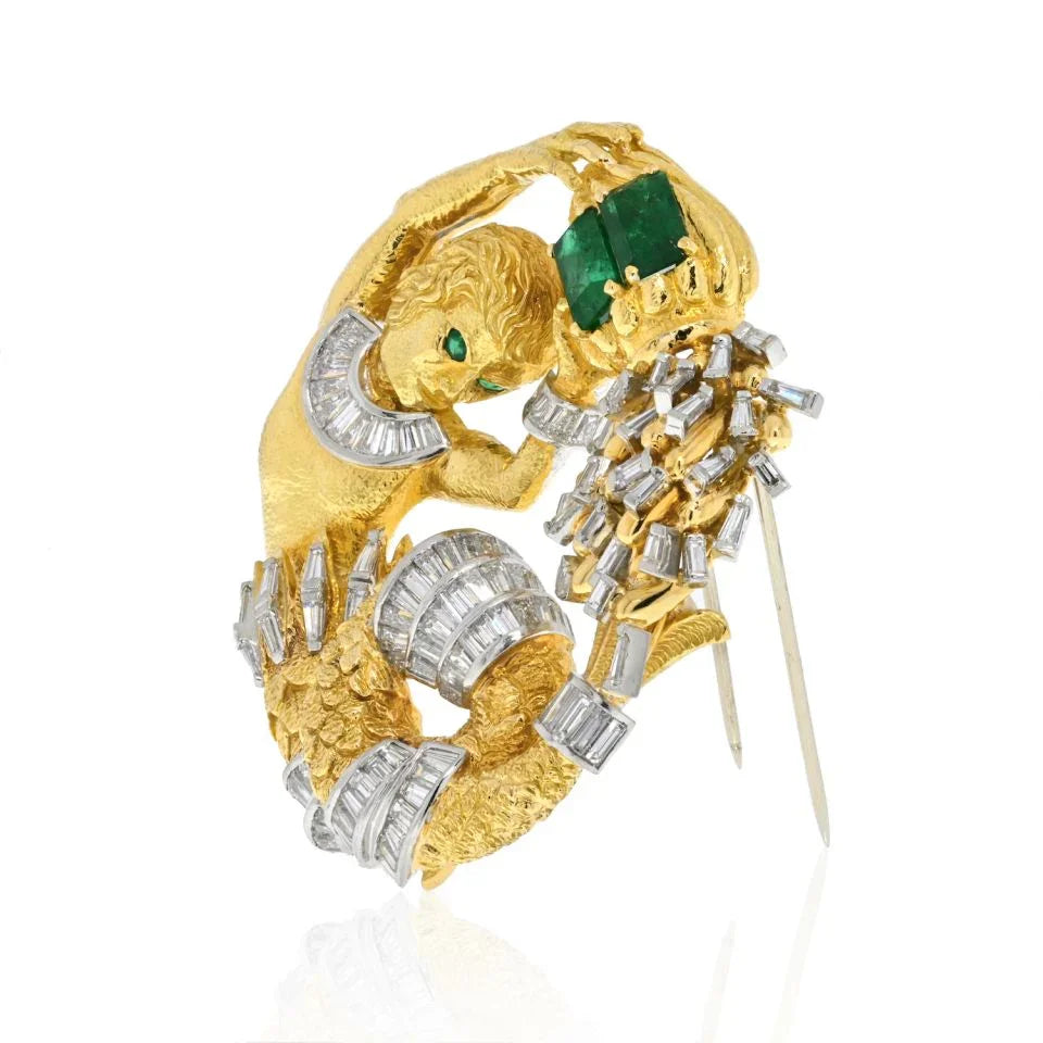 David Webb Platinum & 18K Yellow Gold Emerald and Diamond 'Aquarius' Clip Brooch - The Back Vault
