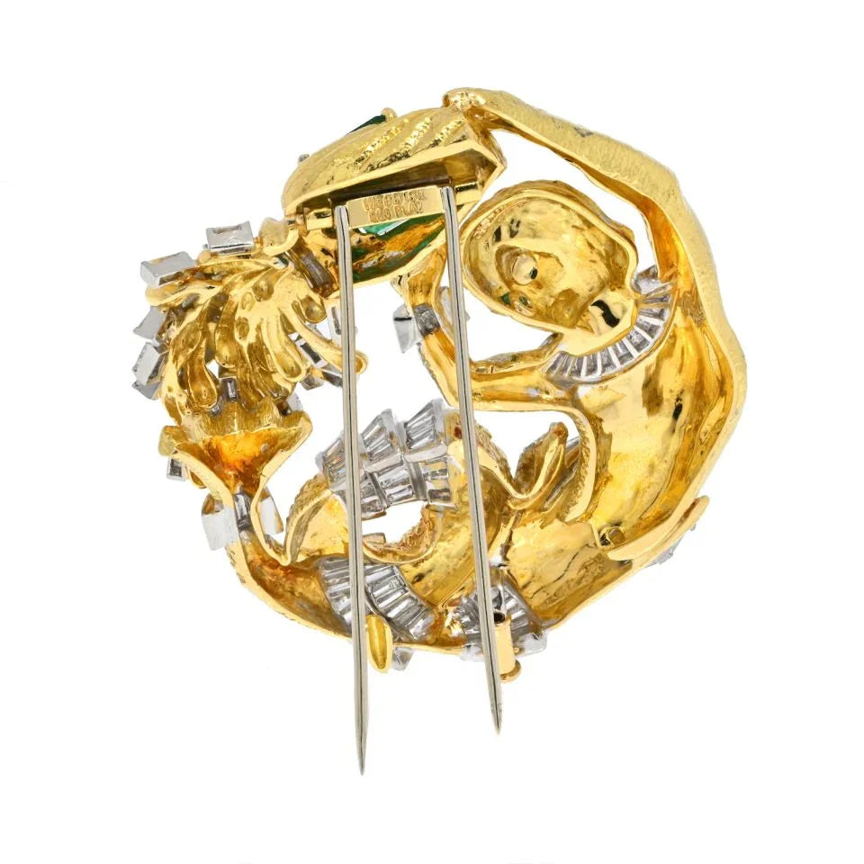David Webb Platinum & 18K Yellow Gold Emerald and Diamond 'Aquarius' Clip Brooch - The Back Vault