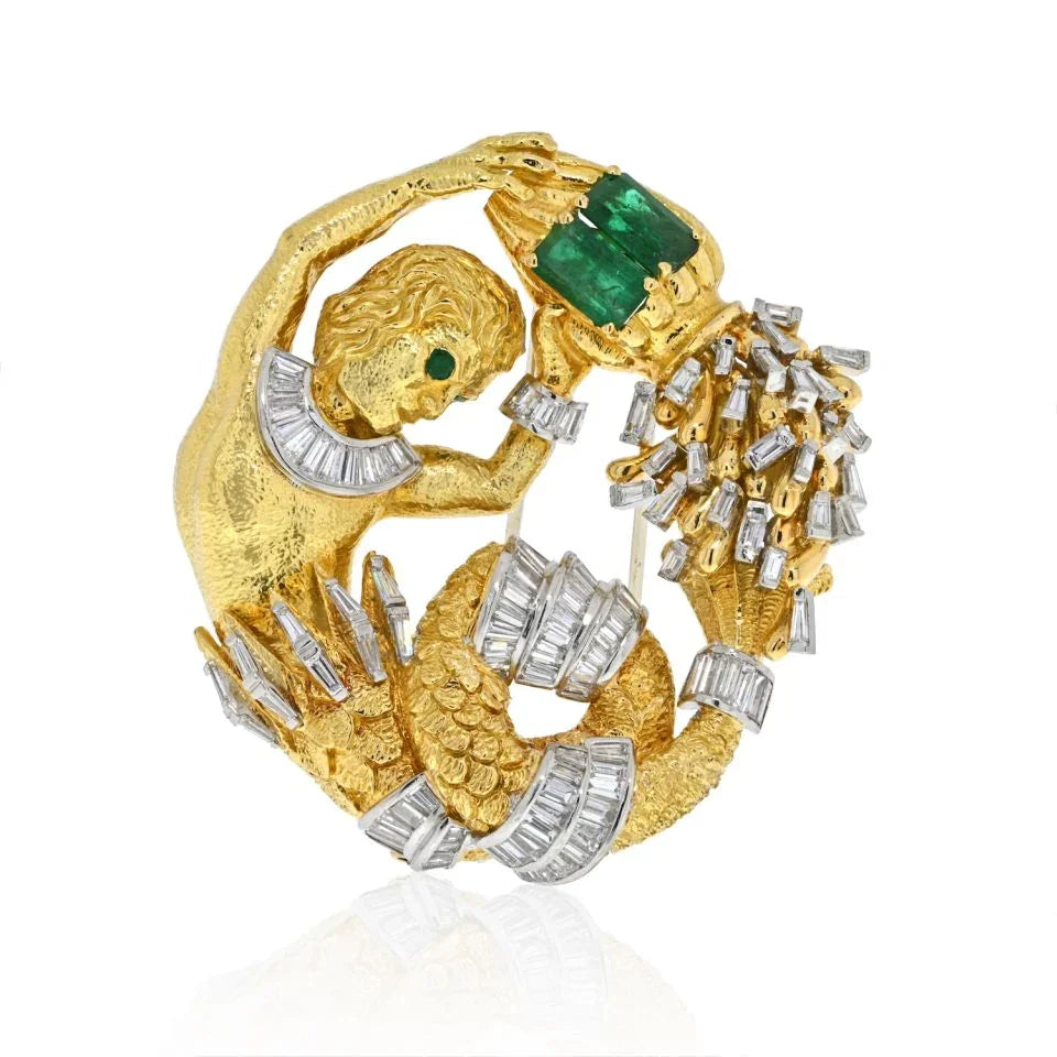 David Webb Platinum & 18K Yellow Gold Emerald and Diamond 'Aquarius' Clip Brooch - The Back Vault