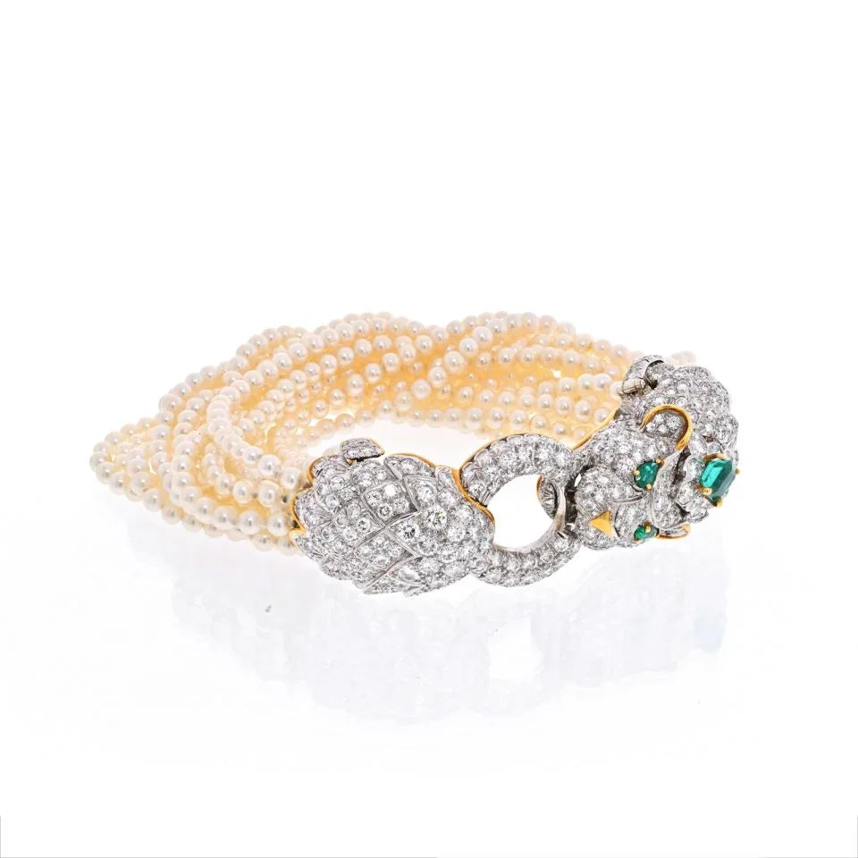 David Webb Elizabeth Taylor Pearl, Diamond, Emerald Multi Strand Lion Bracelet - The Back Vault