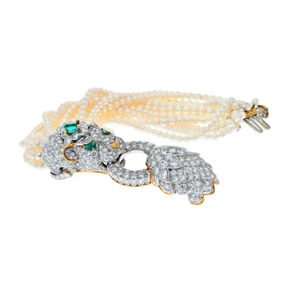 David Webb Elizabeth Taylor Pearl, Diamond, Emerald Multi Strand Lion Bracelet - The Back Vault