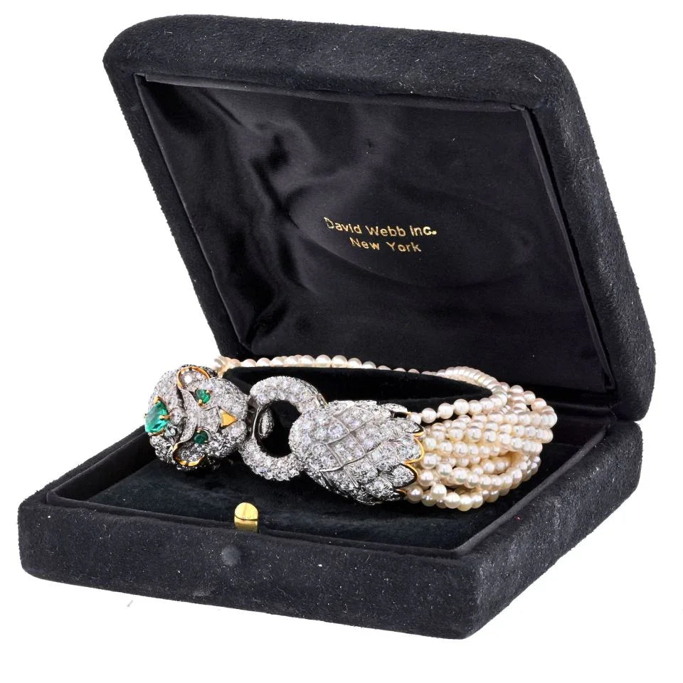 David Webb Elizabeth Taylor Pearl, Diamond, Emerald Multi Strand Lion Bracelet - The Back Vault