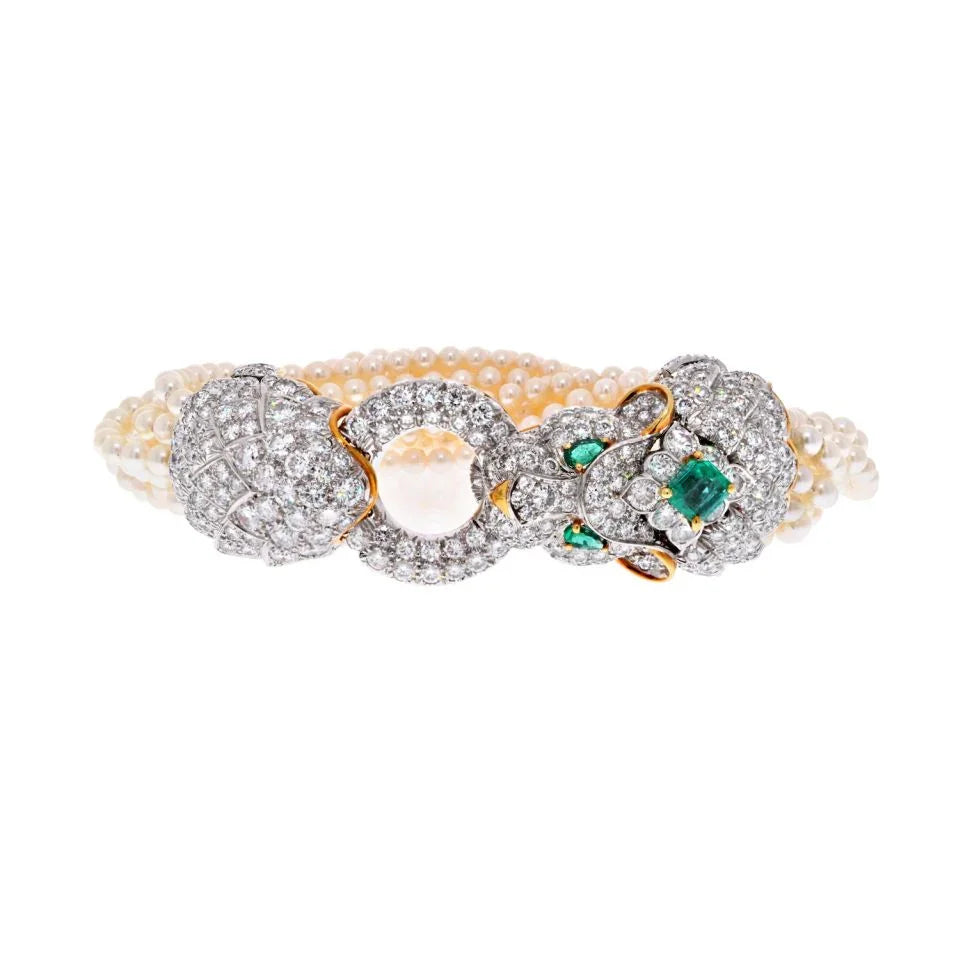 David Webb Elizabeth Taylor Pearl, Diamond, Emerald Multi Strand Lion Bracelet - The Back Vault