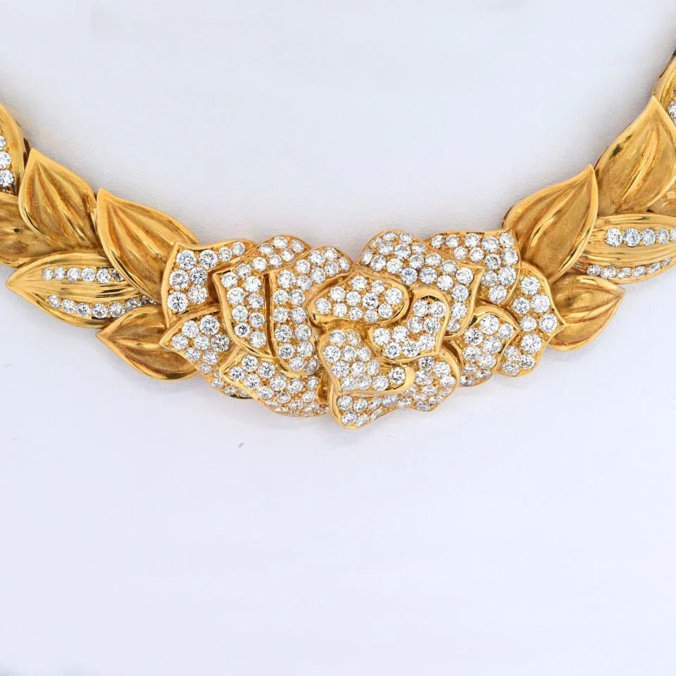 18K Yellow Gold 18.00cts Blooming Flower Diamond Collar Necklace - The Back Vault