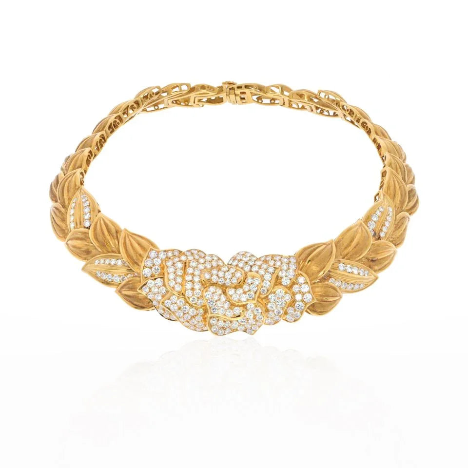 18K Yellow Gold 18.00cts Blooming Flower Diamond Collar Necklace - The Back Vault