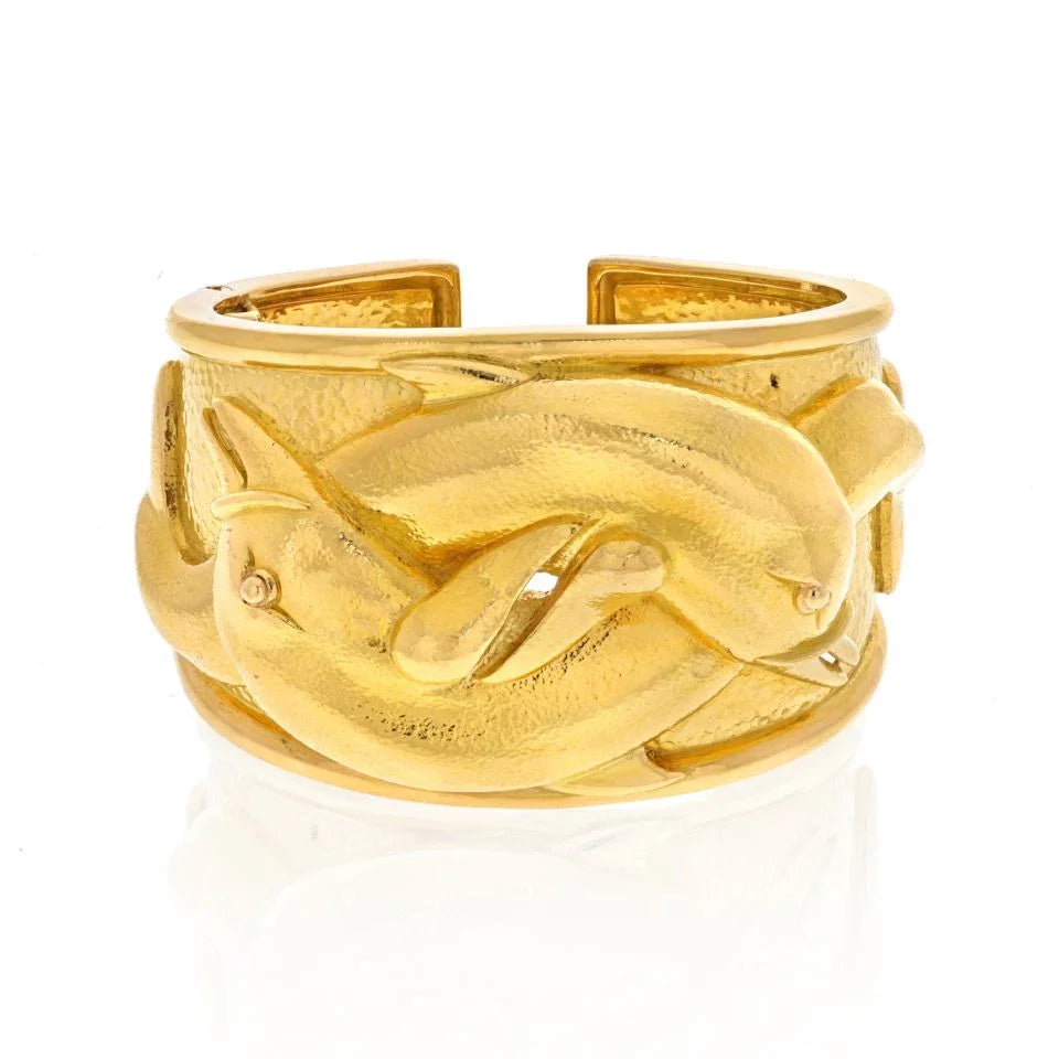 David Webb 18K White Gold Double Dolphin Cuff Bangle Bracelet - The Back Vault