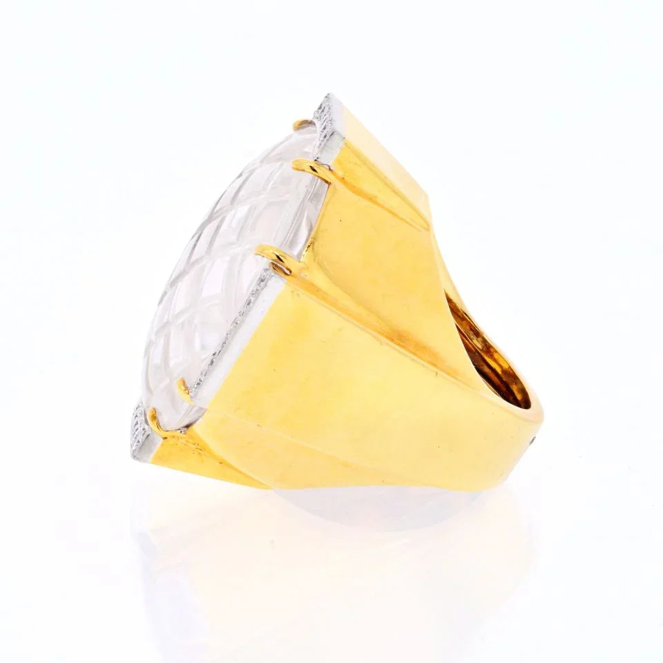 David Webb Platinum & 18K Yellow Gold Checkerboard Rock Crystal Diamond Ring - The Back Vault