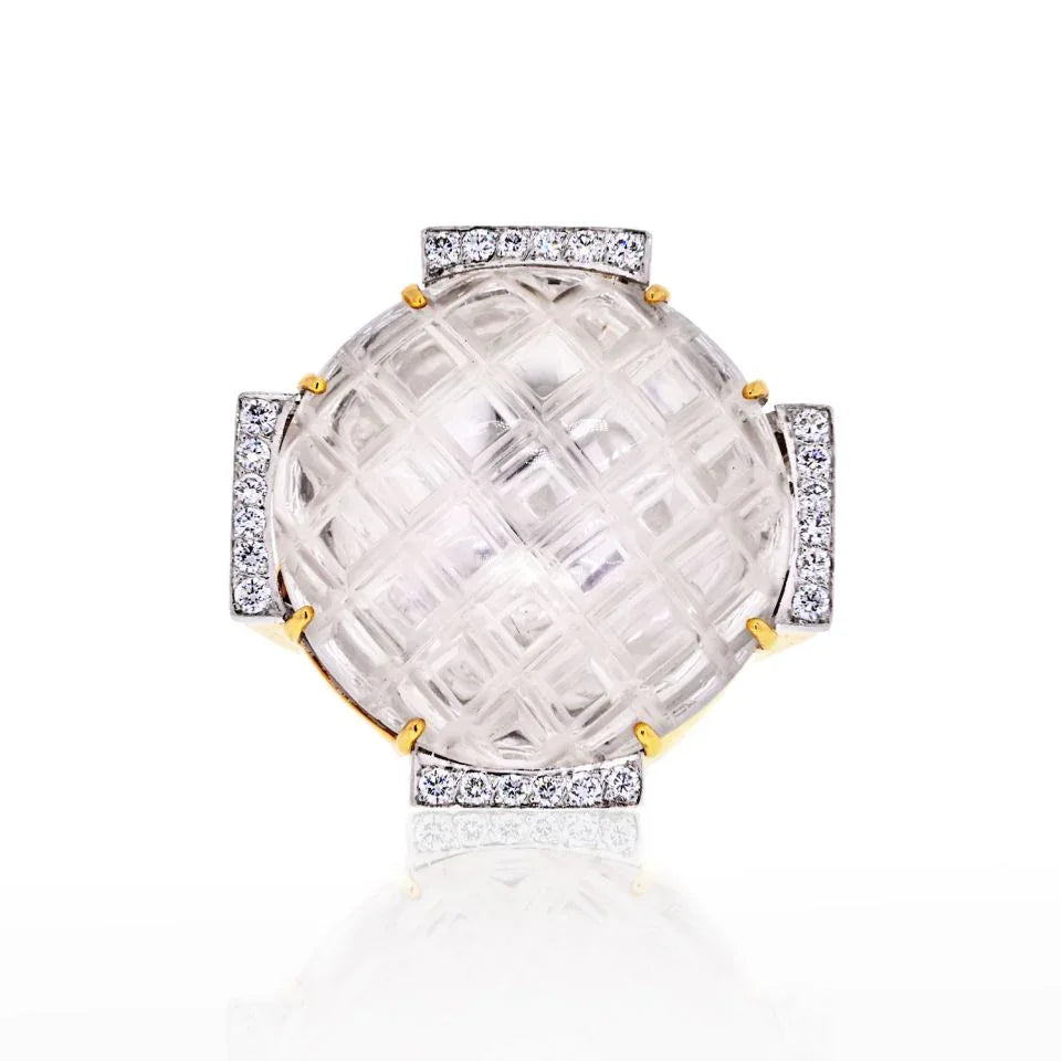 David Webb Platinum & 18K Yellow Gold Checkerboard Rock Crystal Diamond Ring - The Back Vault