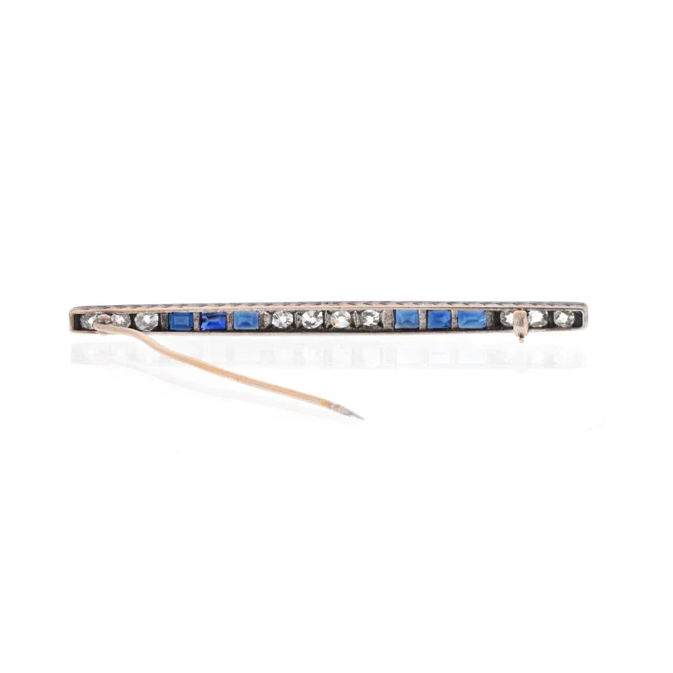 Platinum & 18K Yellow Gold Old Mine And Vintage Sapphire Diamond Bar Brooch - The Back Vault