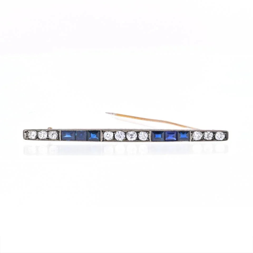 Platinum & 18K Yellow Gold Old Mine And Vintage Sapphire Diamond Bar Brooch - The Back Vault