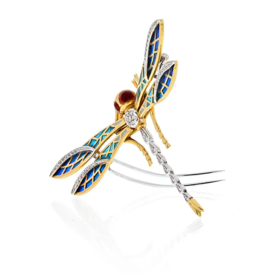 18K Yellow Gold Delicate Dragonfly Enamel And Diamond Brooch - The Back Vault