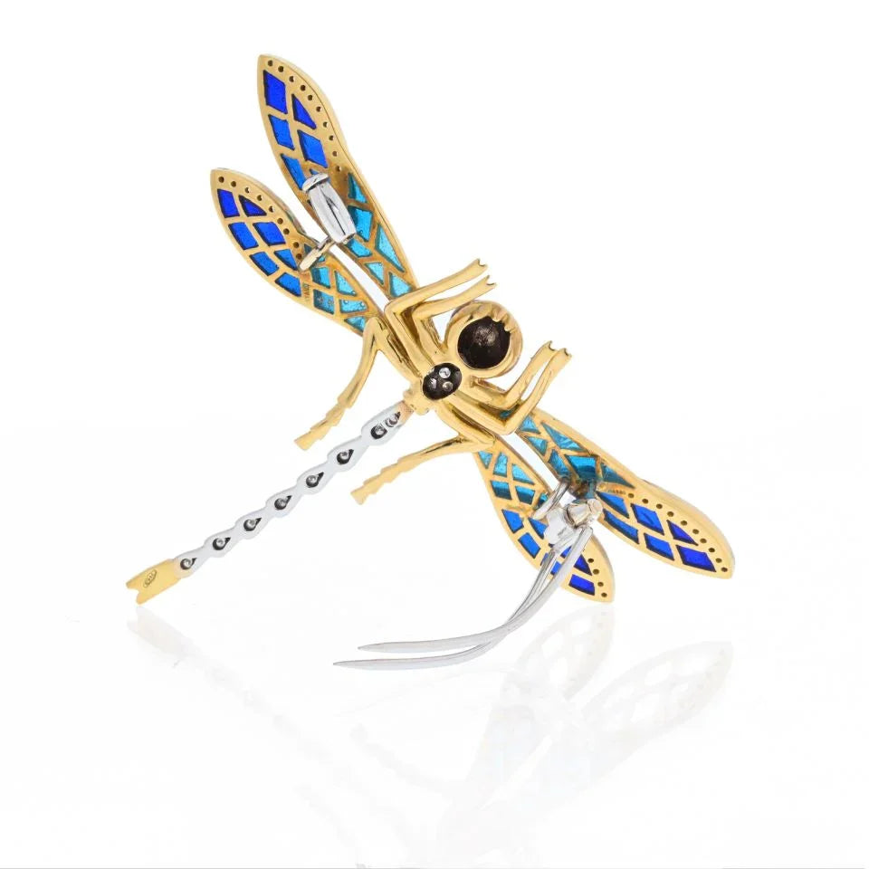 18K Yellow Gold Delicate Dragonfly Enamel And Diamond Brooch - The Back Vault