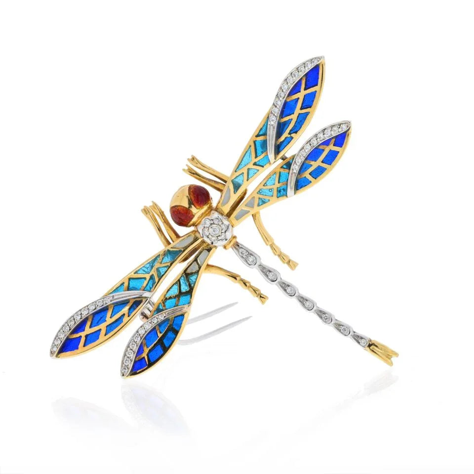 18K Yellow Gold Delicate Dragonfly Enamel And Diamond Brooch - The Back Vault