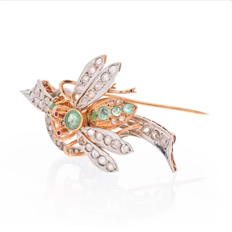 14K Rose Gold Old Cut Diamond And Green Emerald Fly Brooch - The Back Vault