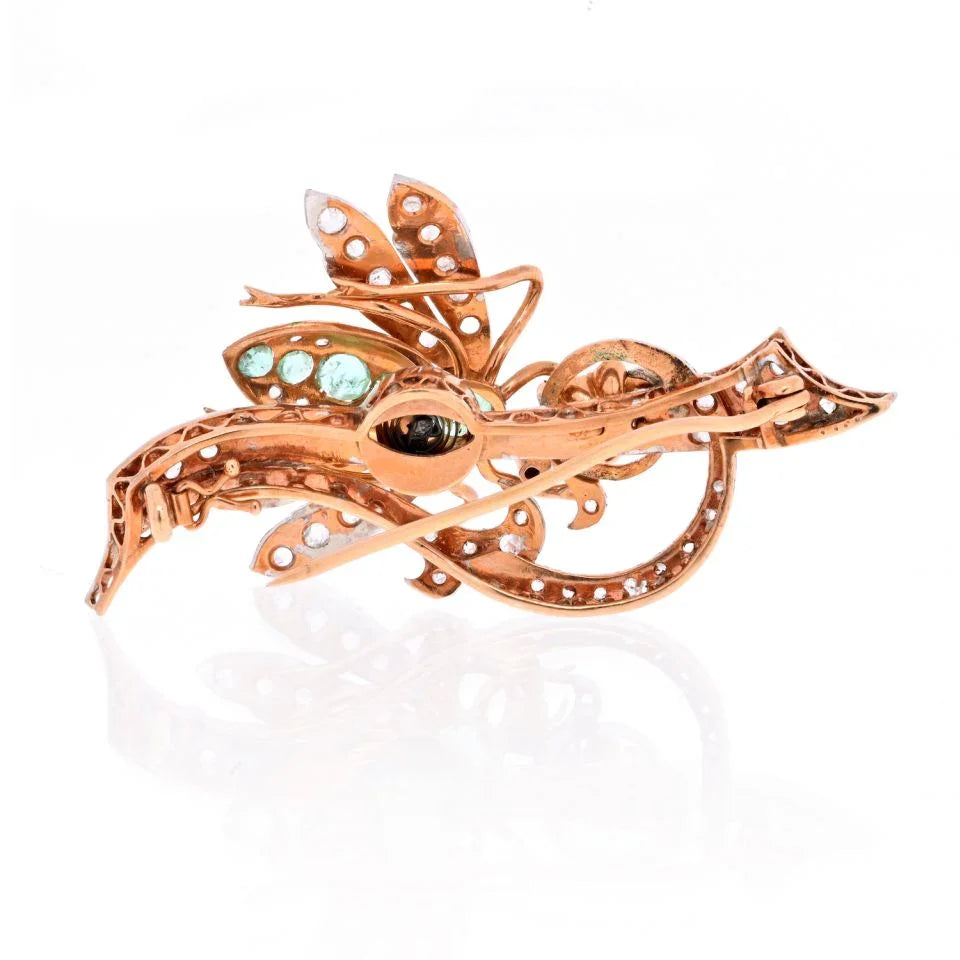 14K Rose Gold Old Cut Diamond And Green Emerald Fly Brooch - The Back Vault
