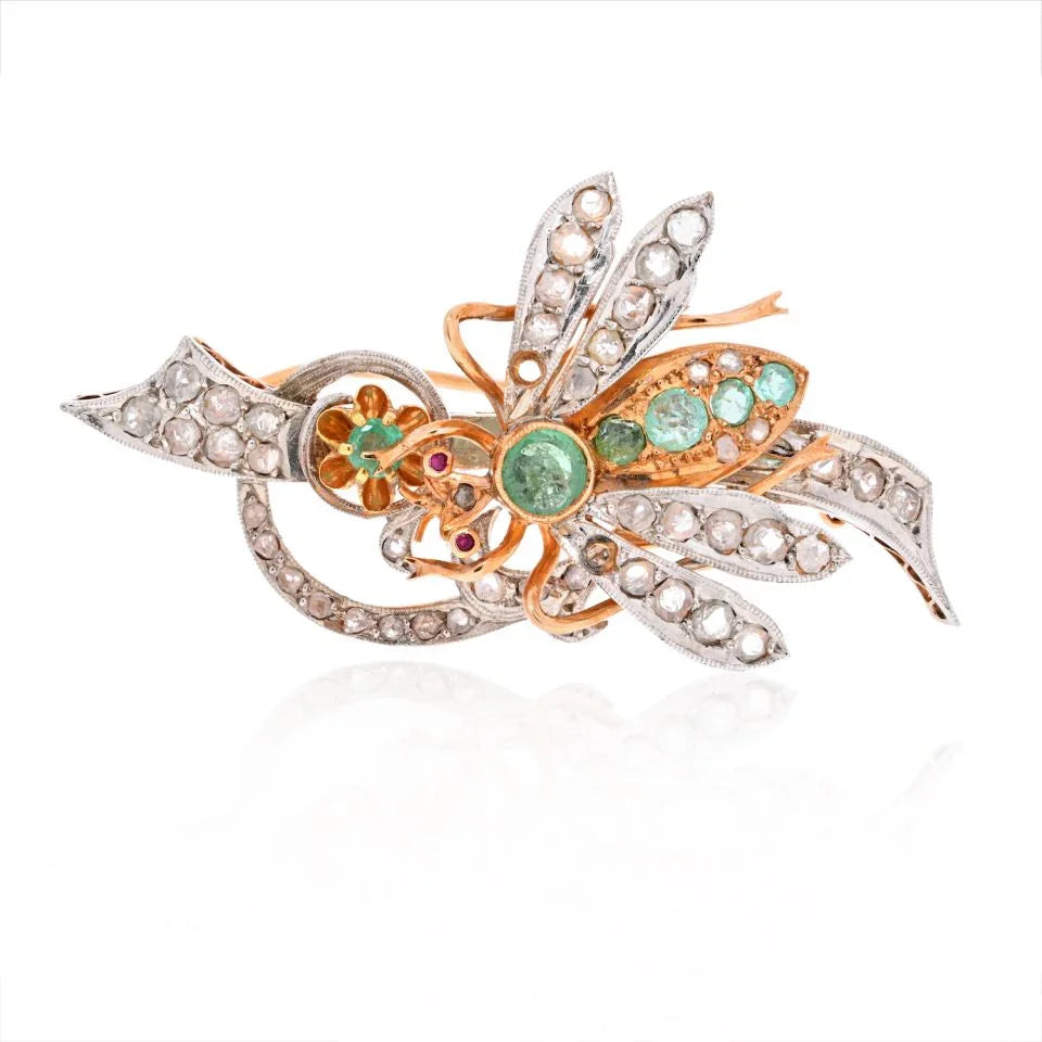 14K Rose Gold Old Cut Diamond And Green Emerald Fly Brooch - The Back Vault