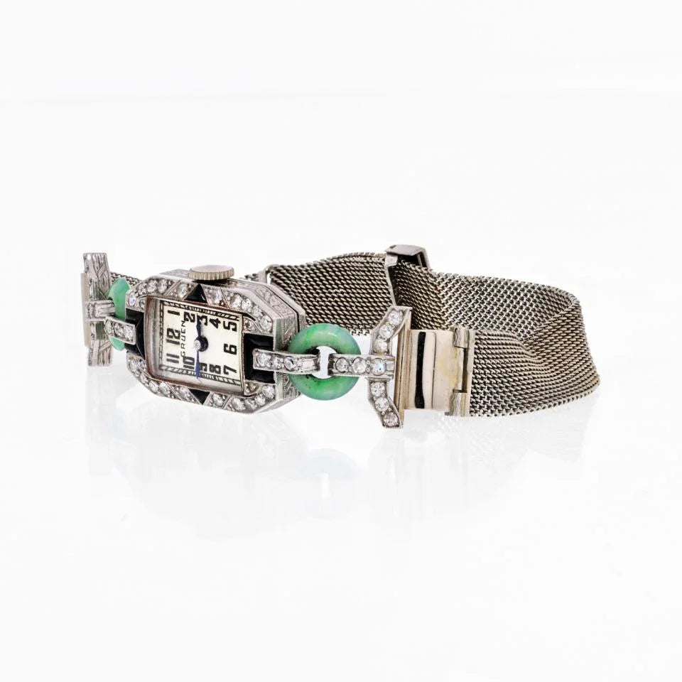 18K White Gold Art Deco Diamond And Jade Women Wrist Watch - The Back Vault