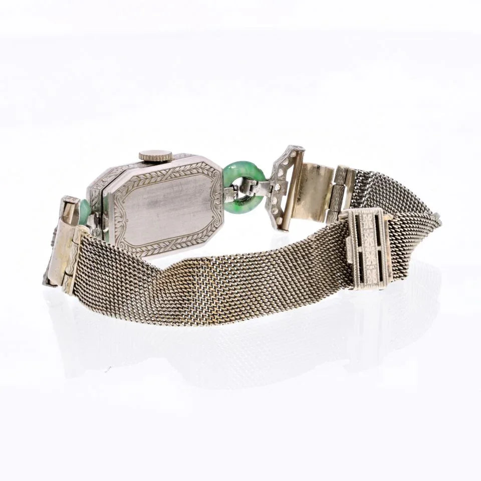18K White Gold Art Deco Diamond And Jade Women Wrist Watch - The Back Vault