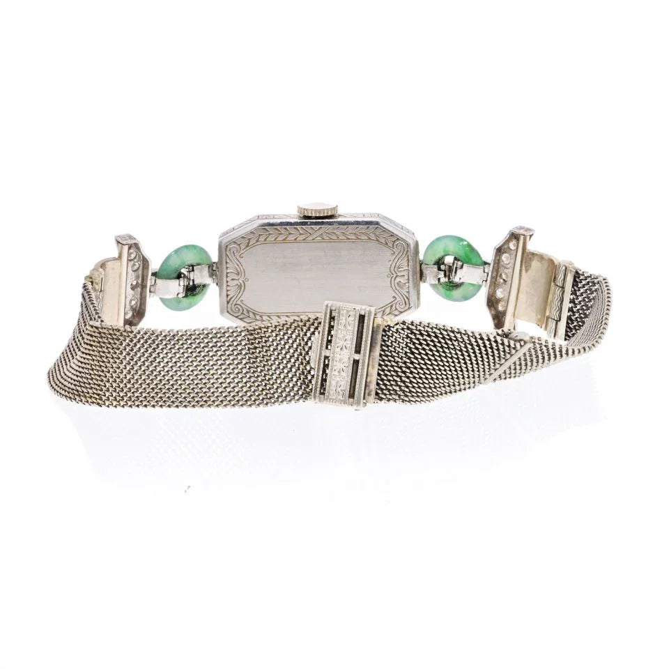 18K White Gold Art Deco Diamond And Jade Women Wrist Watch - The Back Vault