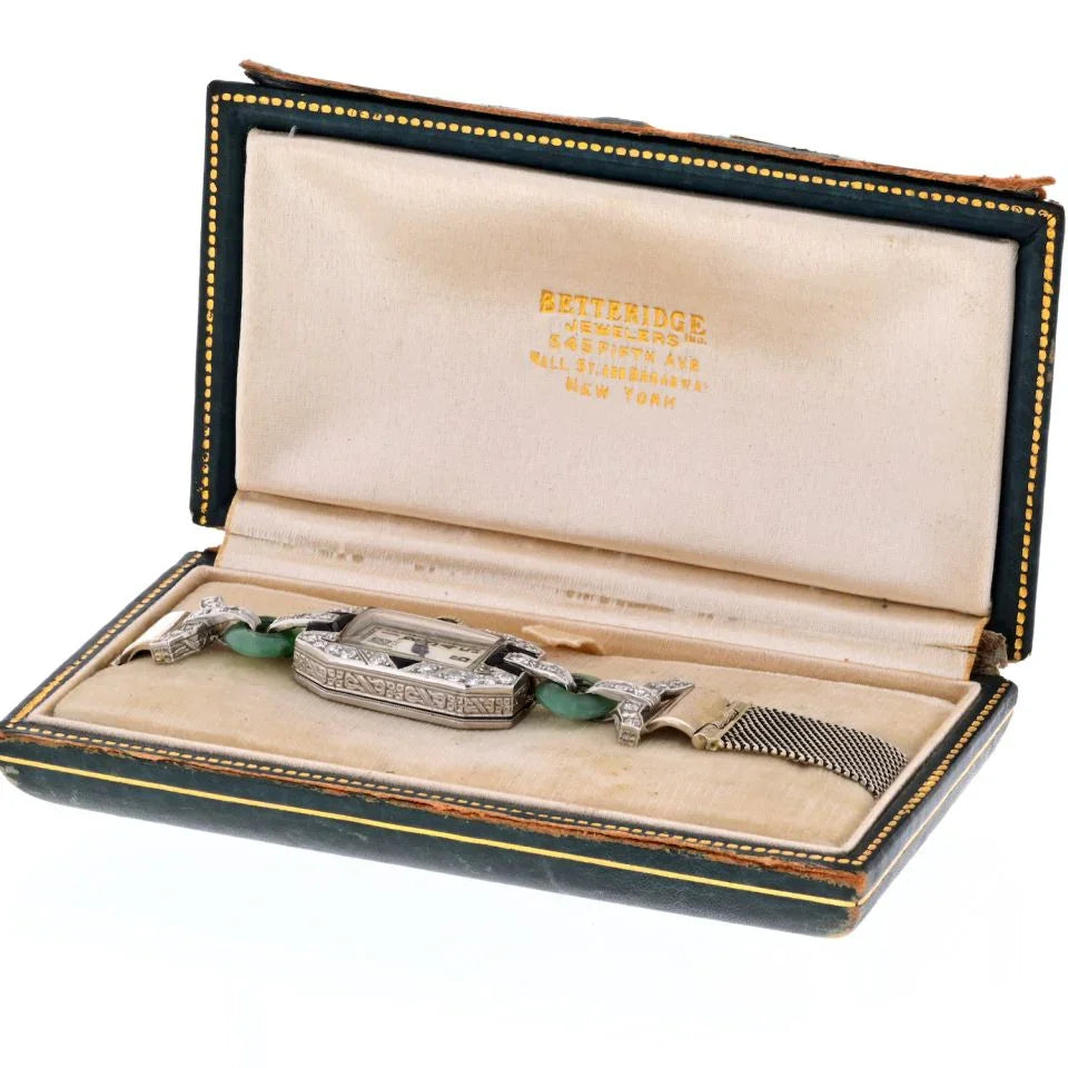 18K White Gold Art Deco Diamond And Jade Women Wrist Watch - The Back Vault