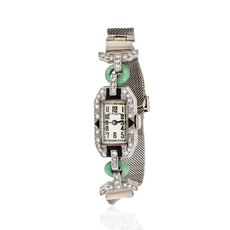 18K White Gold Art Deco Diamond And Jade Women Wrist Watch - The Back Vault