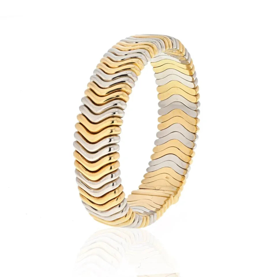 Bvlgari 18K Yellow Gold Vintage Flex Chevron Link Tubogas Bangle Bracelet - The Back Vault