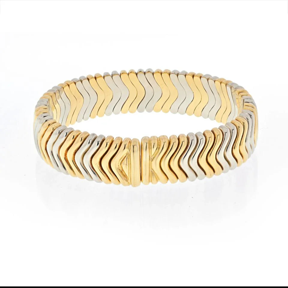 Bvlgari 18K Yellow Gold Vintage Flex Chevron Link Tubogas Bangle Bracelet - The Back Vault