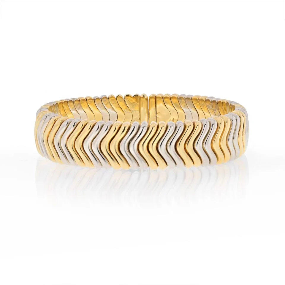 Bvlgari 18K Yellow Gold Vintage Flex Chevron Link Tubogas Bangle Bracelet - The Back Vault