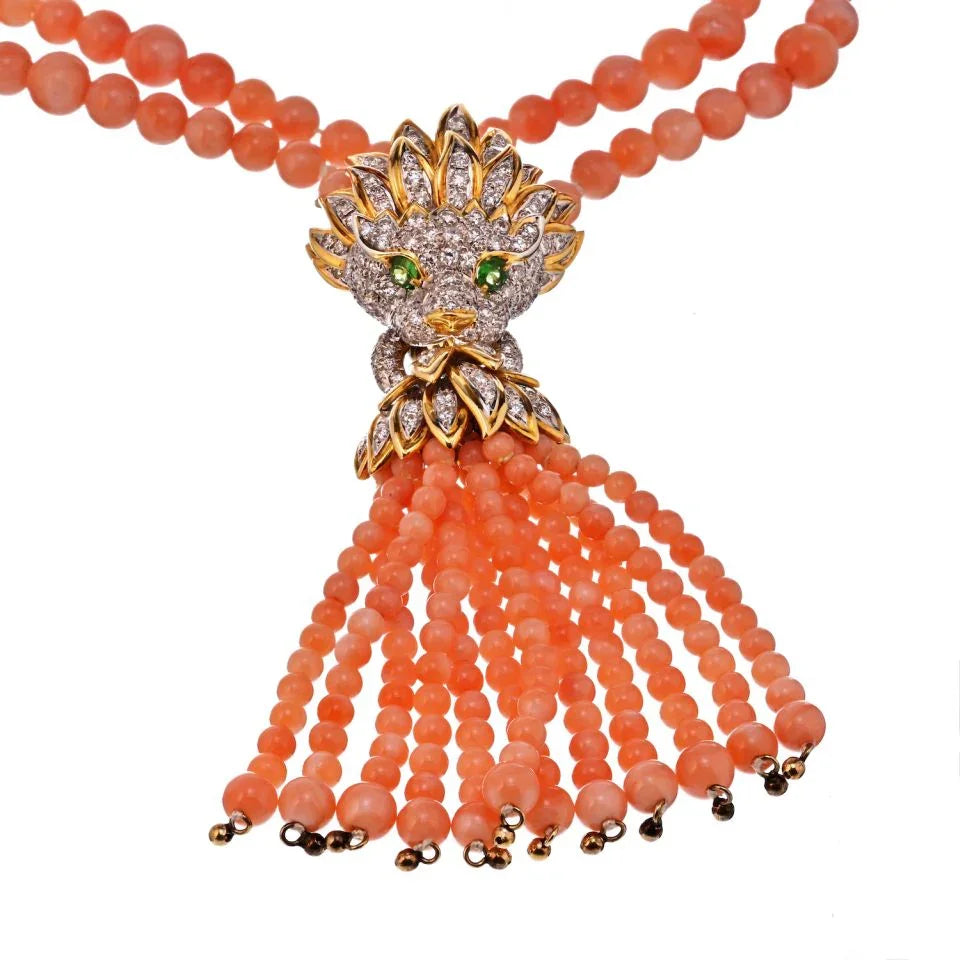 18K Yellow Gold Estate Lion Coral Bead Necklace - The Back Vault