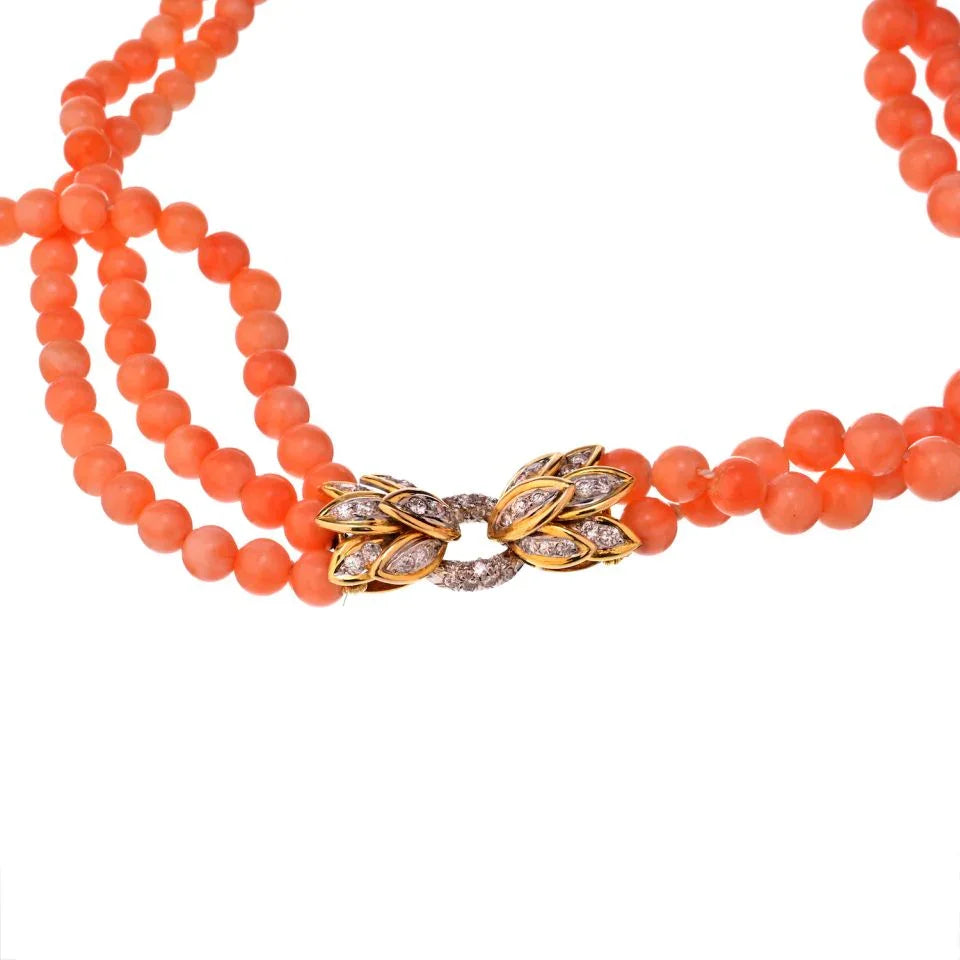 18K Yellow Gold Estate Lion Coral Bead Necklace - The Back Vault