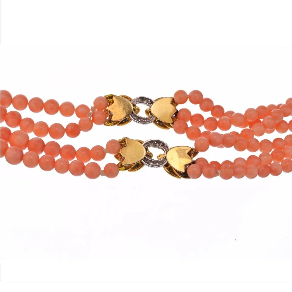 18K Yellow Gold Estate Lion Coral Bead Necklace - The Back Vault