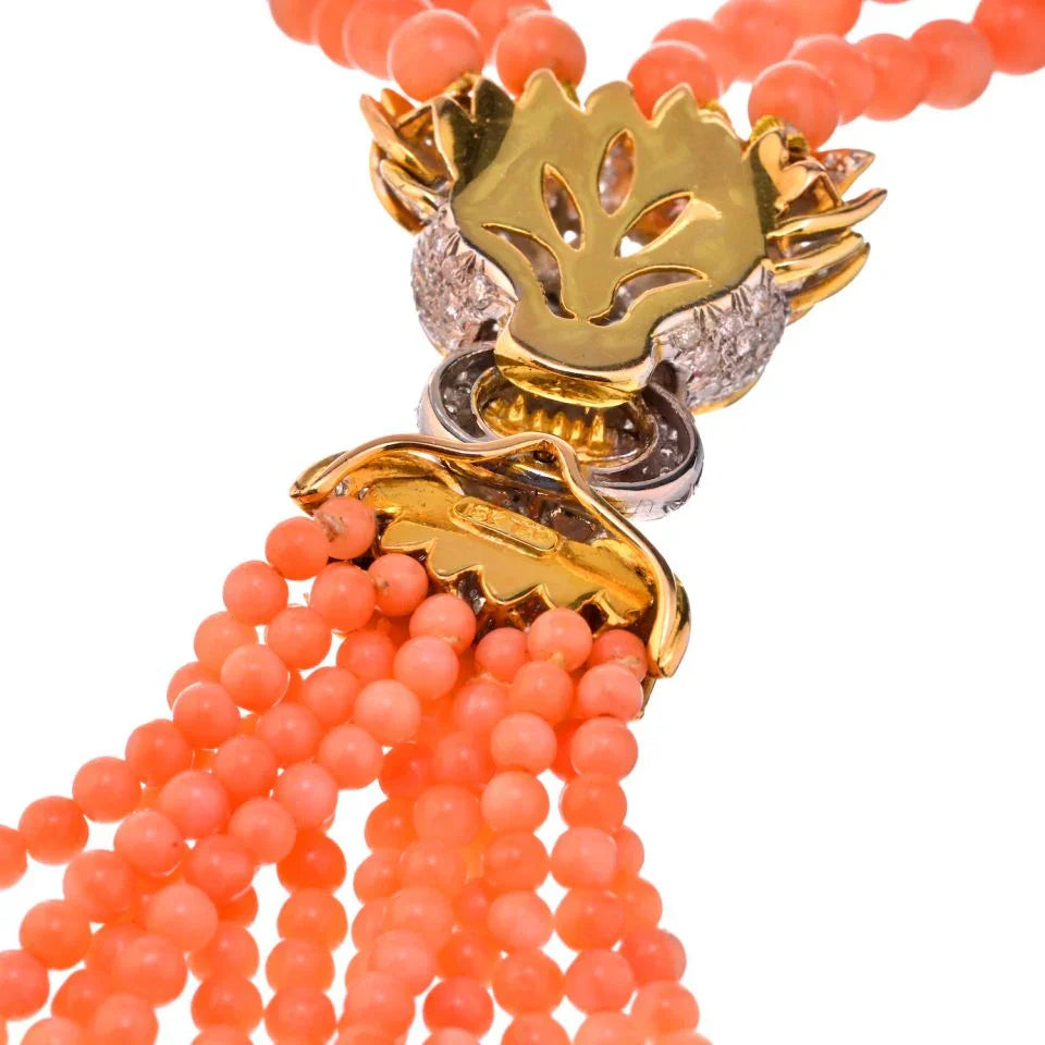 18K Yellow Gold Estate Lion Coral Bead Necklace - The Back Vault