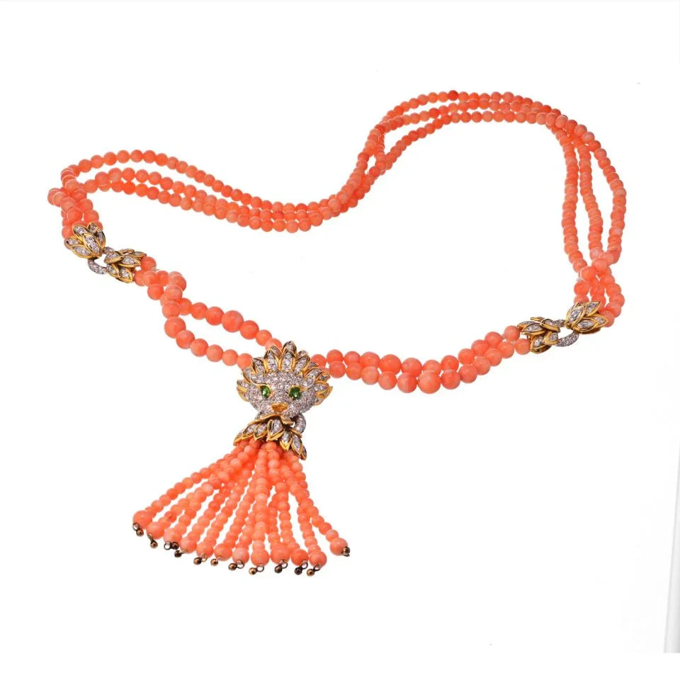 18K Yellow Gold Estate Lion Coral Bead Necklace - The Back Vault