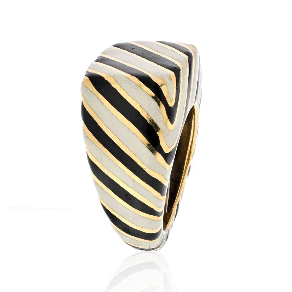 David Webb Platinum & 18K Yellow Gold Crosswalk Black And White Enamel Ring - The Back Vault