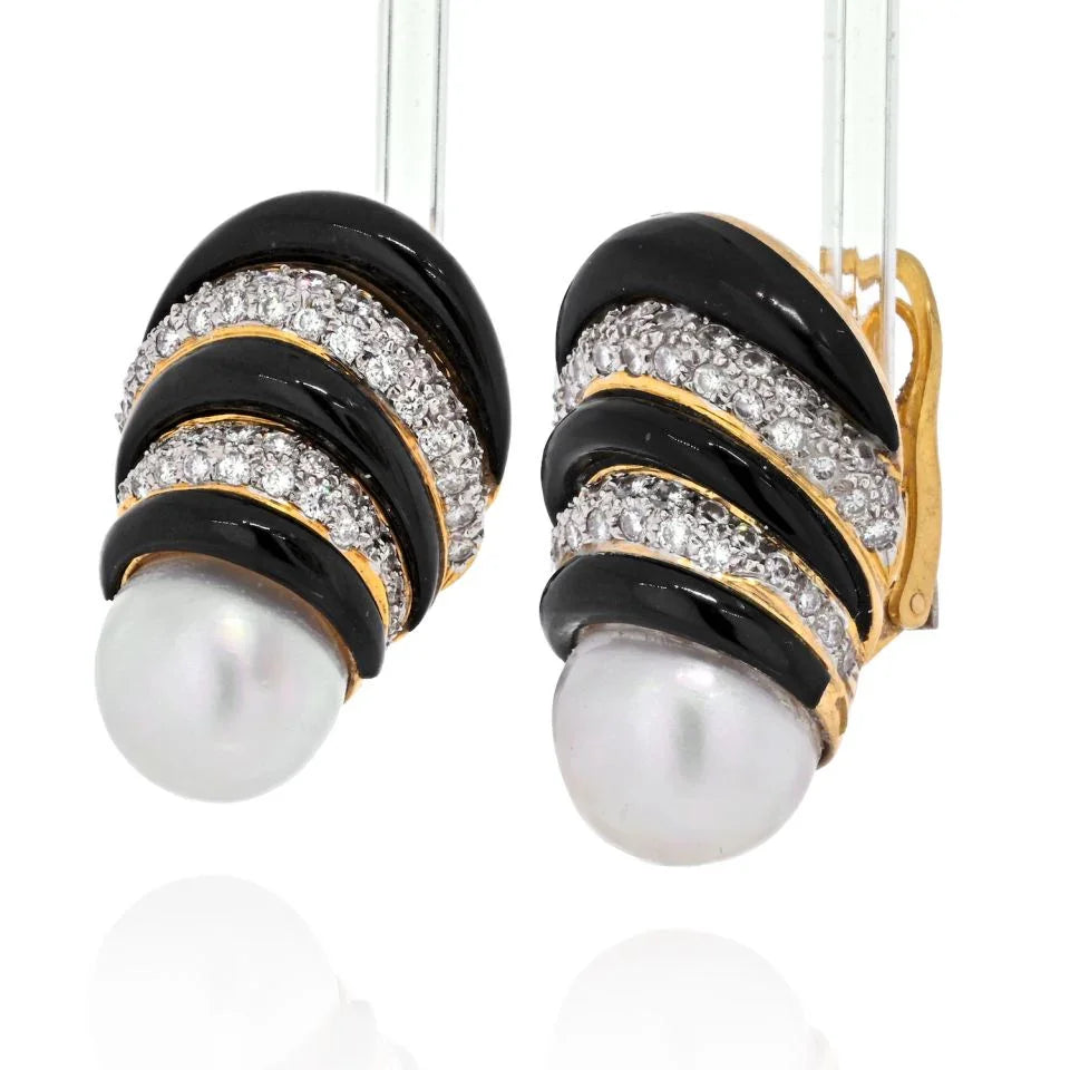 18K Yellow Gold White Pearl, Black Enamel, White Diamonds Earrings - The Back Vault