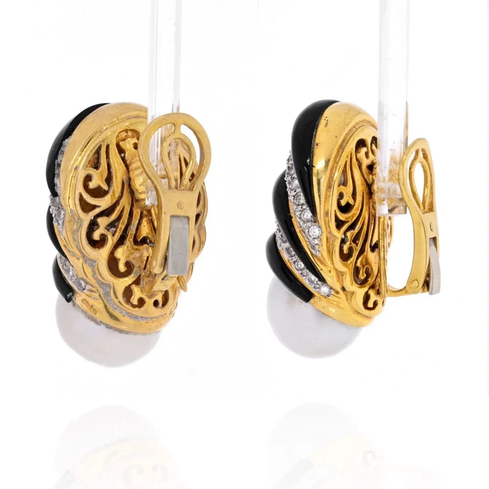 18K Yellow Gold White Pearl, Black Enamel, White Diamonds Earrings - The Back Vault