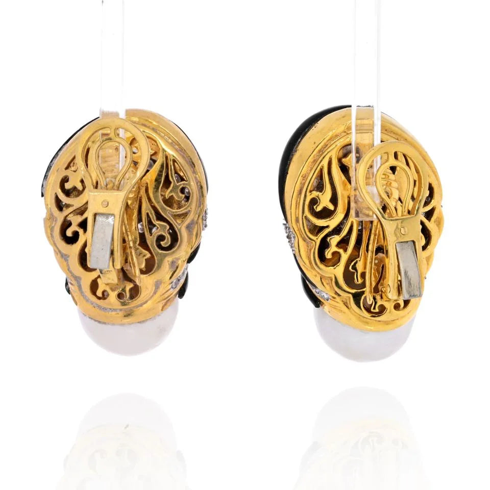 18K Yellow Gold White Pearl, Black Enamel, White Diamonds Earrings - The Back Vault