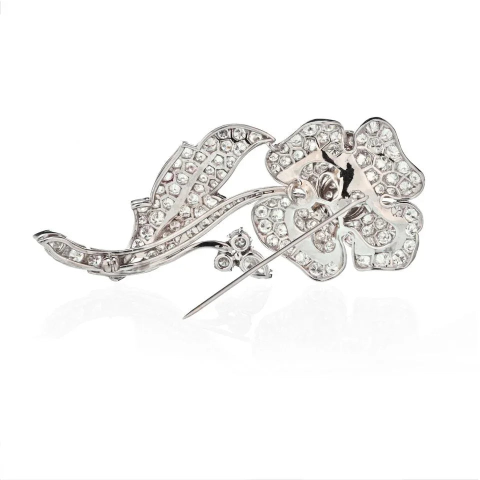 Platinum 17.50cts Highly Decorated Diamond Flower Brooch - The Back Vault
