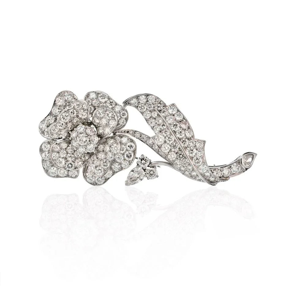 Platinum 17.50cts Highly Decorated Diamond Flower Brooch - The Back Vault