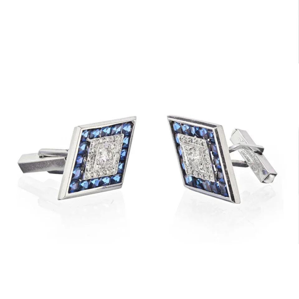 Lucien Piccard 14K White Gold Diamond And Sapphire Rhombus Shape Cuff Links - The Back Vault