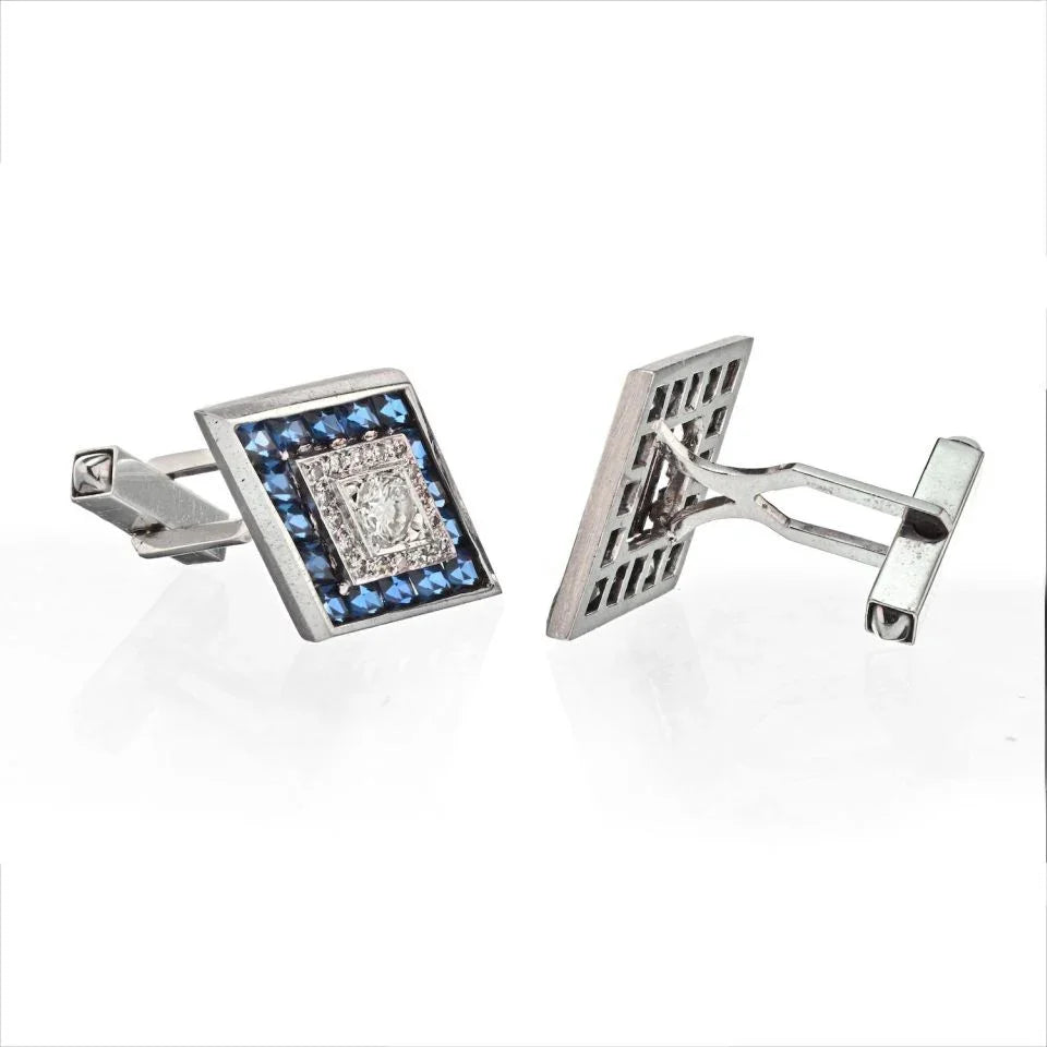 Lucien Piccard 14K White Gold Diamond And Sapphire Rhombus Shape Cuff Links - The Back Vault