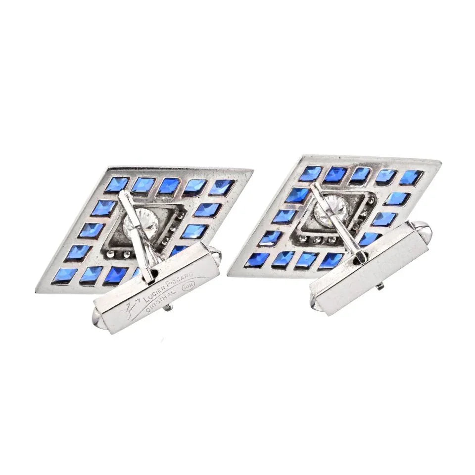 Lucien Piccard 14K White Gold Diamond And Sapphire Rhombus Shape Cuff Links - The Back Vault